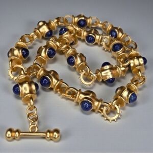 Matte Gold Byzantine Revival Lapis Lazuli Cabochon Toggle Necklace
